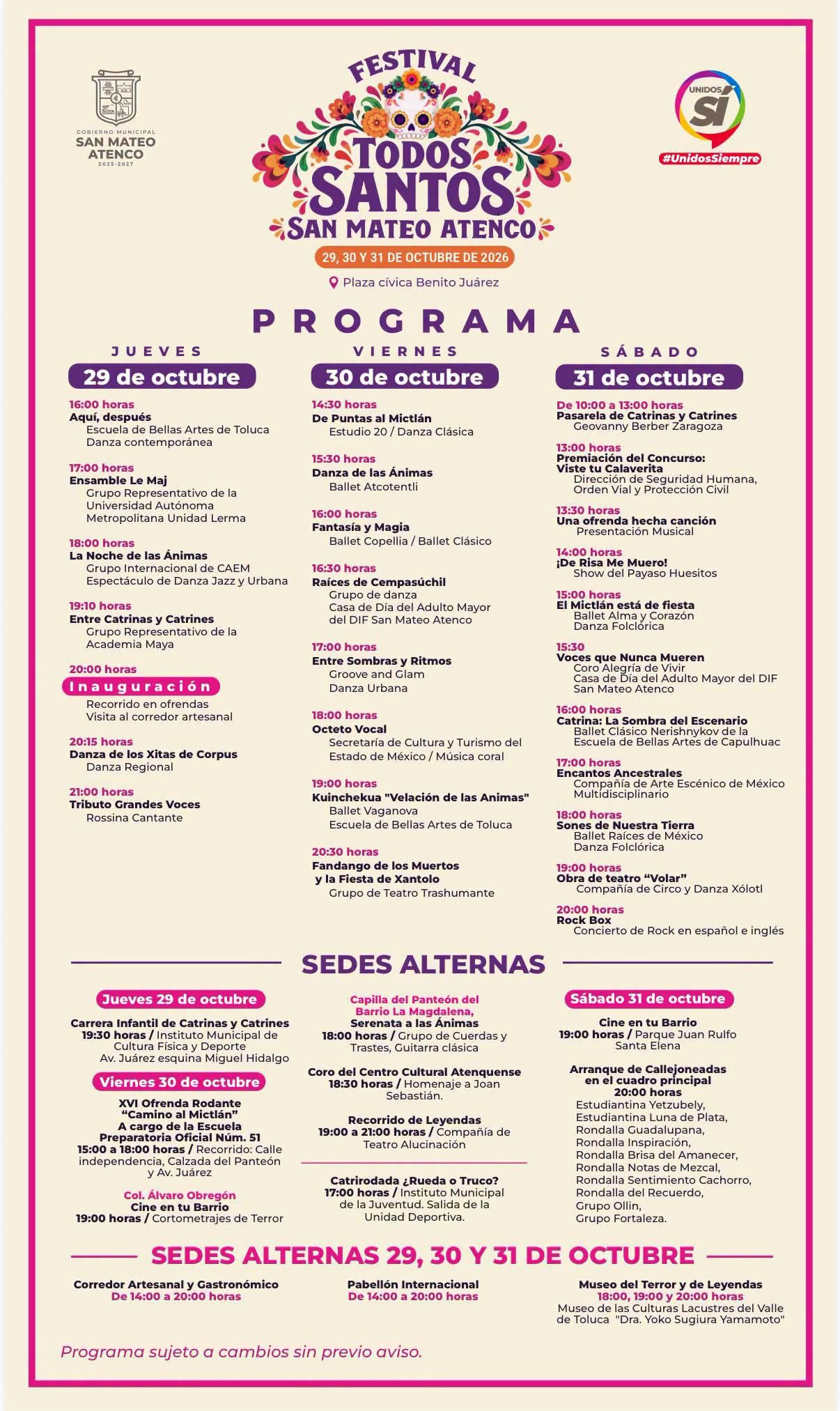 Cartel con el programa del Festival Todos Santos 2026 de San Mateo Atenco, del 29 al 31 de octubre